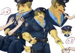  anthro bird_dog blush canid canine canis clothing cross-popping_vein cui51oru8j9jstu domestic_dog duo finger_in_mouth fur golden_retriever groping_chest hi_res human hunting_dog lifewonders male mammal muscular muscular_anthro muscular_male nobumichi_(tas) pecs police_hat police_officer police_uniform retriever tokyo_afterschool_summoners uniform yellow_body yellow_fur 