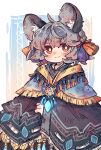  1girl adapted_costume animal_ears artist_name blue_capelet blush capelet closed_mouth grey_hair hair_between_eyes highres jewelry looking_at_viewer mame_komari mouse_ears nazrin poncho red_eyes short_hair signature smile solo touhou upper_body 