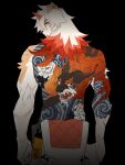  anthro arknights back_tattoo canid canine canis clothed clothing domestic_dog ear_piercing fur hair hi_res horn hung_(arknights) hypergryph long_hair looking_back male mammal mochidaxxx orange_body orange_fur partially_clothed piercing rear_view scar serious serious_face solo studio_montagne tan_body tan_fur tattoo topless topless_male white_body white_fur 