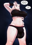  absurd_res bodily_fluids bovid bra breasts bulge caprine clothing dialogue english_text fur goat hi_res humanoid intersex looking_at_viewer mammal red_eyes solo speech_bubble sports_bra sportswear sweat sweatdrop talking_to_viewer text tohilewd toriel under_boob undertale_(series) underwear white_body white_fur 