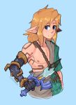  2023 blonde_hair blue_eyes blush clothing coffeetears elf hair hi_res humanoid humanoid_pointy_ears hylian light_body light_skin link long_hair male markings master_sword melee_weapon nintendo nipples not_furry signature simple_background solo sword tears_of_the_kingdom the_legend_of_zelda weapon 
