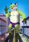  absurd_res anthro belly building bulge canid canine chubby_male city city_background clothing flower fox hi_res macro male mammal micro plant ravenwolford solo underwear 