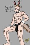  2:3 albino anthro bethesda_softworks bow_tie clothed clothing cuff_links daniel_brisco deathclaw english_text fake_ears fake_rabbit_ears fallout hi_res horn jockstrap jockstrap_only male mostly_nude muscular muscular_anthro muscular_male nexusdeathclaw playboy_bunny_logo playboy_outfit solo stripper text topless underwear underwear_only 