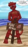 absurd_res bdsm beach blush bondage bound convenient_censorship exposed felid fur gag herseio hi_res humiliation jed male mammal nude outside pantherine red_body red_fur ring_gag rope sand sea seaside sign water 