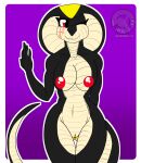  2017 alternate_color ankh ankh_tattoo anthro areola athletic athletic_anthro athletic_female belly_scales big_breasts black_body black_scales black_skin breasts butt cobra countershade_face countershade_genitalia countershade_tail countershade_torso countershading digital_media_(artwork) female genitals gradient_background hand_behind_back hi_res justathereptile looking_at_viewer markings nipples non-mammal_breasts non-mammal_nipples nude nude_anthro nude_female one_eye_closed pink_pussy pose pupils purple_background pussy red_areola red_eyes red_nipples reptile scales scalie simple_background smile snake snake_hood solo tail vala_(justathereptile) watermark wink yellow_markings 