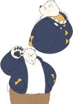  2023 anthro bear belly big_belly black_eyes black_nose blush bottomwear clothing dot_eyes haoming hi_res hoodie kemono male mammal overweight overweight_male pants paws polar_bear shirt solo topwear ursine 