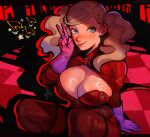  1girl :p absurdres blonde_hair blue_eyes blush body_freckles bodysuit breasts cleavage curvy earrings fluffydango freckles gloves hair_ornament hairclip highres jewelry large_breasts long_hair looking_at_viewer musical_note partially_unzipped persona persona_5 purple_gloves red_bodysuit red_theme sitting solo stud_earrings swept_bangs takamaki_anne tongue tongue_out twintails v zipper 