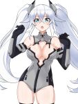  1girl bare_shoulders black_heart blush breasts cleavage elbow_gloves gloves green_eyes highres kami_jigen_game_neptune_v leotard long_hair looking_at_viewer medium_breasts neptune_(series) open_mouth power_symbol solo surprised symbol-shaped_pupils twintails very_long_hair white_hair zatsu 