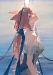  1girl amiya_(arknights) animal_ears arknights bare_shoulders blue_eyes breasts brown_hair dress from_side highres lips long_hair looking_up medium_breasts outdoors pamafff ponytail profile rabbit_ears rabbit_girl solo sunset water white_dress 