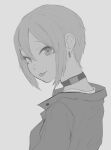  1girl :p choker collared_shirt earrings greyscale highres idolmaster idolmaster_cinderella_girls jewelry looking_at_viewer monochrome shioda_(shioda_5) shiomi_syuko shirt short_hair simple_background sketch smile solo tongue tongue_out upper_body 