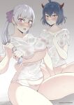  2girls aboleuk antenna_hair arm_under_breasts between_legs black_clover blue_hair blush breasts covered_nipples demon_horns embarrassed grey_hair hair_between_eyes hair_ribbon hand_between_legs highres horns large_breasts long_hair looking_at_viewer medium_breasts multiple_girls noelle_silva panties patreon_username pink_panties purple_eyes purple_ribbon red_eyes ribbon secre_swallowtail see-through see-through_shirt shirt shirt_tug short_hair simple_background sitting thighs twintails underwear v-shaped_eyebrows wet wet_clothes white_shirt wringing_hair 