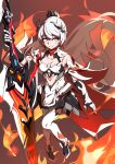  1girl bare_shoulders black_footwear blue_eyes breasts cleavage collarbone commentary_request dress earrings ecliygame fire full_body gauntlets grey_hair hair_between_eyes highres holding holding_sword holding_weapon honkai_(series) honkai_impact_3rd jewelry kiana_kaslana kiana_kaslana_(herrscher_of_flamescion) long_hair looking_at_viewer medium_breasts navel ponytail shoes smile solo standing standing_on_one_leg sword thighhighs very_long_hair weapon white_dress white_thighhighs 