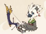  anthro avian bird blue_eyes blush blush_stickers bow_(weapon) hair male ningukt nintendo ponytail ranged_weapon rito simple_background smile solo tears_of_the_kingdom the_legend_of_zelda tulin_(zelda) weapon young 