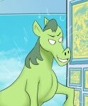  &gt;:) 2023 beast_boy clenched_teeth dc_comics detailed_background equid equine feral green_body green_hair green_skin hair hi_res horse inside jinasault long_hair male mammal pose short_ears smile smug smug_face solo standing teen_titans teeth 