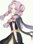  1girl black_dress black_gloves closed_mouth dress fire_emblem fire_emblem:_genealogy_of_the_holy_war gloves hair_ribbon long_hair looking_at_viewer looking_back multi-tied_hair purple_eyes purple_hair red_ribbon ribbon sleeveless sleeveless_dress smile solo tenjin_(ahan) tine_(fire_emblem) twintails white_background 