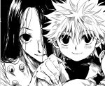  3boys black_eyes black_hair blush brothers carrying close-up gon_freecss hand_on_another&#039;s_shoulder highres hunter_x_hunter illumi_zoldyck kasukasugom1 killua_zoldyck male_focus monochrome multiple_boys out_of_frame siblings smile upper_body 