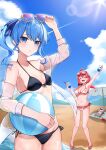  2girls 35p_(sakura_miko) absurdres adjusting_eyewear ahoge arm_up ball beach beach_umbrella beachball bikini black_bikini blue_eyes blue_hair blue_ribbon blue_sky breasts cleavage closed_eyes cloud commentary_request cup eyewear_on_head hair_ribbon halterneck highres holding holding_ball holding_beachball holding_cup hololive hoshimachi_suisei large_breasts lens_flare leo_(f_mmmnkm_paint) long_hair looking_at_viewer low_twintails multiple_girls ocean off_shoulder one_side_up open_mouth red_hair ribbon sakura_miko sakura_miko_(2nd_costume) see-through see-through_shirt side-tie_bikini_bottom sky small_breasts smile standing striped striped_ribbon sun swimsuit swimsuit_cover-up twintails umbrella virtual_youtuber wet white_bikini 