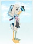  2018 4_fingers anatid anseriform anthro arthropod avian beak biped bird bottomless butterfly clothed clothing della_duck disney duck ducktales ducktales_(2017) eyewear eyewear_on_head female fingers full-length_portrait fur goggles goggles_on_head hair hi_res insect lepidopteran pizdecsuqa portrait side_view simple_background solo standing white_body white_fur yellow_beak 
