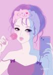  1girl babycat555 bare_shoulders hairband holding holding_phone looking_at_viewer manicure messy_hair original parted_lips phone purple_background purple_eyes purple_theme selfie signature simple_background solo spaghetti_strap tank_top 