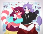  &lt;3 animal_tail anthro bottomwear bottomwear_pull breasts cleavage clothed clothing clothing_pull dress english_text female female/female fluffy fluffy_tail hair hehe hi_res invalid_tag noxseban panties purple_eyes purple_hair skirt skirt_pull tail text underwear 