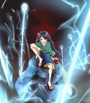  1girl alinoce716 black_hair blue_shorts electricity flip-flops green_shirt highres horns long_hair nippaku_zanmu oni polearm red_eyes sandals shirt shorts sitting sitting_on_rock skull smile solo spear striped_horns touhou unfinished_dream_of_all_living_ghost weapon 