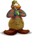  absurd_res avian bird brown_clothing brown_footwear brown_hair brown_overalls clothing club_penguin crossover disney facial_hair footwear frozen_(movie) full-length_portrait green_body hair hands_together hat headgear headwear hi_res looking_at_viewer male multicolored_clothing multicolored_shirt multicolored_topwear mustache oaken_(frozen) official_art open_mouth overalls penguin portrait shirt shoes short_hair solo teeth topwear unknown_artist 