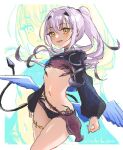  1girl aizaki_b breasts fate/grand_order fate_(series) highres looking_at_viewer melusine_(fate) melusine_(swimsuit_ruler)_(fate) nail_polish navel ponytail small_breasts solo stomach upper_body white_hair wings yellow_eyes 