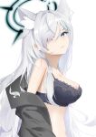  1girl absurdres animal_ear_fluff animal_ears black_bra blue_archive blue_eyes bra breasts cleavage cross_hair_ornament dark_halo extra_ears eyes_visible_through_hair grey_hair hair_ornament halo highres large_breasts long_hair navel open_mouth shiroko_(blue_archive) shiroko_terror_(blue_archive) simple_background solo talo_(63078778) underwear upper_body white_background wolf_ears 