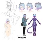  alternate_form animal_humanoid anthro barely_visible_genitalia barely_visible_pussy bell bell_collar black_clothing black_legwear black_thigh_highs blue_eyes blue_hair breasts cat_humanoid cheshire clothing collar collar_only digitigrade domestic_cat english_text eyewear featureless_breasts felid felid_humanoid feline feline_humanoid felis female footwear fur genitals glasses grey_clothing grey_footwear grey_shoes hair highlights_(coloring) hoodie human humanoid kiki_(tharakaos) legwear looking_at_viewer mammal mammal_humanoid model_sheet nude purple_body purple_fur purple_highlights pussy shoes shoulder_bag simple_background solo striped_body striped_fur stripes text tharakaos thigh_highs tongue tongue_out topwear wearing_glasses whiskers white_background yellow_eyes 