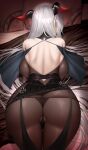  1girl aegir_(azur_lane) ass azur_lane back bare_shoulders black_panties bodystocking breasts cross demon_horns earrings fouriasensei from_behind garter_straps hair_on_horn highres horns iron_cross jewelry large_breasts long_hair multicolored_hair panties pantyhose red_hair see-through solo streaked_hair underwear white_hair 