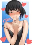  1girl amagami black_camisole black_eyes black_hair blush border breasts camisole cleavage commentary_request heart looking_at_viewer medium_breasts mori_heichi off_shoulder ponytail smile solo tsukahara_hibiki v white_border 