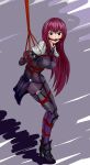  1girl armor ball_gag bdsm blush bodysuit bondage bound breasts commission fate/grand_order fate_(series) gag gagged high_heels highres impossible_clothes jiayuansi long_hair purple_bodysuit purple_hair red_eyes scathach_(fate) shibari shoulder_armor solo tied_up_(nonsexual) 