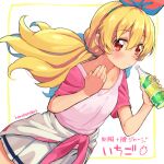  1girl aikatsu! aikatsu!_(series) artist_name blonde_hair blush bottle bow closed_mouth clothes_around_waist commentary_request hair_between_eyes hair_bow hairband haruken holding holding_bottle hoshimiya_ichigo jacket jacket_around_waist long_hair looking_at_viewer low_twintails pink_shirt pleated_skirt red_bow red_eyes red_hairband shirt short_sleeves single_stripe skirt solo standing sweatdrop t-shirt twintails white_skirt 