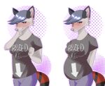  anthro belly big_belly big_breasts black_clothing blue_hair blush breasts breed clothed clothing didelphid digital_media_(artwork) female fur girly grey_body hair mammal marsupial pallid-panda pregnant pregnant_female simple_background smile solo tail text topwear 