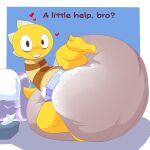  &lt;3 2022 absurd_res anthro armless big_diaper chocomintshake clothing dialogue diaper diaper_fetish english_text feces hi_res huge_diaper male messy_diaper monster_kid reptile scalie simple_background smile soiled_diaper soiling solo teeth text undertale undertale_(series) yellow_body 