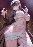  1girl alpha_(ypalpha79) black_hair black_jacket blue_archive blush breasts closed_mouth halo hands_up highres jacket large_breasts long_hair long_sleeves looking_at_viewer navel open_clothes red_eyes rio_(blue_archive) solo thighs 