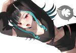  1girl arms_up black_dress black_hair blue_hair blunt_bangs blush buren cowboy_shot demon_girl demon_horns demon_tail diagonal_bangs dress dutch_angle flat_chest highres horns long_hair looking_at_viewer medium_bangs midriff multicolored_hair nanashi_inc. navel open_mouth red_eyes shishio_chris simple_background solo sugar_lyric tail torn_clothes torn_dress two-tone_hair virtual_youtuber white_background yawning 