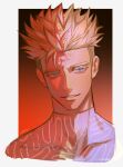  1boy blonde_hair blue_eyes bodysuit highres male_focus millions_knives on0n parted_lips portrait red_background short_hair smile solo spiked_hair trigun trigun_stampede undercut white_bodysuit 