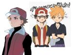  2boys :&lt; backpack bag black_shirt black_wristband blue_oak brown_eyes brown_hair closed_mouth coat collared_shirt crossed_arms fanny_pack grey_bag hat jewelry male_focus multiple_boys necklace pants pokemon pokemon_(game) pokemon_frlg pokemon_masters_ex purple_pants red_(pokemon) red_(sygna_suit)_(pokemon) red_coat red_headwear s90jiiqo2xf0fk5 shirt short_hair short_sleeves sleeveless sleeveless_coat t-shirt translation_request vest yellow_bag 