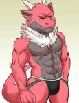  abs anthro clothed clothing dragon horn jockstrap jockstrap_only lofnirv male muscular muscular_anthro muscular_male neck_tuft pecs simple_background solo topless tuft underwear underwear_only 