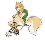  absurd_res alternate_species anthro blonde_hair blue_eyes canid canine clothed clothing fox fur hair hi_res link male mammal multicolored_body multicolored_fur nintendo nonoka917 pawpads sitting solo the_legend_of_zelda two_tone_body two_tone_fur 