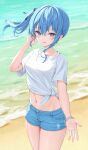  1girl beach blue_eyes blue_hair blue_shorts bracelet breasts crop_top day denim denim_shorts earrings floating_hair hand_up highres hololive hoshimachi_suisei jewelry midriff navel necklace norio_(noriosub) parted_lips shirt short_shorts shorts side_ponytail small_breasts smile solo star_(symbol) star_earrings stomach thighs tied_shirt virtual_youtuber 