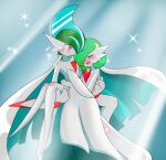  1boy 1girl absurdres bare_shoulders blue_background blue_hair blush bob_cut bright_pupils cape carrying closed_eyes closed_mouth collarbone colored_skin commentary_request crying dress elbow_gloves flat_chest full_body gallade gardevoir gloves green_hair hair_over_one_eye hand_on_another&#039;s_chest hands_up happy hetero highres kanimiso_na_double knees_together_feet_apart legs looking_at_another mega_gallade mega_gardevoir mega_pokemon mohawk multicolored_hair nose_blush one_eye_covered open_mouth partial_commentary pokemon pokemon_(creature) princess_carry raised_eyebrows red_eyes short_hair smile sparkle split_mouth strapless strapless_dress tears two-sided_cape two-sided_fabric two-tone_hair white_cape white_dress white_gloves white_pupils white_skin 