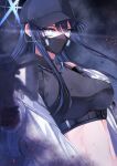  1girl baseball_cap black_gloves black_hair black_headwear black_mask blue_archive blue_eyes blue_hair blurry blurry_foreground breasts coat commission crop_top gloves gun hair_between_eyes halo hat highres holding holding_gun holding_weapon large_breasts long_hair looking_at_viewer machi_(ritovoyage) mask midriff mouth_mask multicolored_hair open_clothes open_coat saori_(blue_archive) skeb_commission solo twitter_username very_long_hair weapon white_coat 