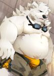  2023 absurd_res anthro belly big_belly black_nose blue_eyes boar_stag144 bottomwear bulge canid canine canis clothing detailed_background domestic_dog fur hi_res kemono male mammal moobs overweight overweight_male shorts solo underwear white_body white_fur 