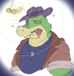  2023 alligator alligatorid anthro belly biped bodily_fluids brok_(character) brok_the_investigator clothing crocodilian di_gu_ru drooling green_body hat headgear headwear hypnosis kemono mind_control question_mark reptile saliva scalie shirt slightly_chubby solo tongue tongue_out topwear 