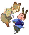  123456dyom 2boys absurdres animal_ears bara black_hair black_pants blue_shirt blush brown_hair brown_pants brown_shirt chris_redfield closed_mouth collared_shirt facial_hair fox_boy fox_ears fox_tail highres large_pectorals leon_s._kennedy looking_at_another male_focus multiple_boys muscular muscular_male necktie pants pectorals rabbit_boy rabbit_ears rabbit_tail resident_evil resident_evil_6 shirt short_hair simple_background smile tail white_background yaoi 