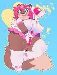 &lt;3 &lt;3_eyes anthro big_breasts blush breasts butt chibi chromapan fangs female freckles green_eyes hair hi_res looking_at_viewer open_mouth pink_hair short_hair smile solo species_request teeth thick_thighs 