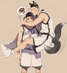  2boys animal_ears basketball_jersey basketball_uniform black_eyes black_hair buzz_cut carrying carrying_person carrying_under_arm cat_boy cat_ears cat_tail clinging closed_eyes couple cowboy_shot fukatsu_kazunari full_body head_kiss heart hug kemonomimi_mode leash lifting_person looking_to_the_side male_focus multiple_boys one_armed_carry qjzad3 sawakita_eiji shirt_tucked_in short_hair shorts slam_dunk_(series) sportswear tail tail_wagging tank_top thought_bubble toned toned_male translation_request undercut very_short_hair white_footwear white_shorts white_tank_top yaoi yellow_background 