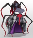 2022 absurd_res animal_humanoid arachnid arachnid_humanoid araneomorph areola arthropod arthropod_humanoid asian_clothing big_breasts black_body black_hair black_skin black_widow_spider blue_eyes bottomless bow_accessory bow_ribbon breasts brown_hair cel_shading cleavage clothed clothing east_asian_clothing eyelashes featureless_feet feet female floral_print front_view full-length_portrait genitals grey_body grey_skin hair hi_res highlights_(coloring) huge_breasts humanoid japanese_clothing kimono konoshige leg_wraps long_hair monotone_body monotone_skin multi_eye multi_leg multi_limb no_pupils partially_clothed pattern_clothing portrait pussy pussy_floss red_hair red_highlights shaded simple_background skimpy solo spider spider_humanoid squish strapless_clothing theridiid thigh_squish widow_spider wraps 